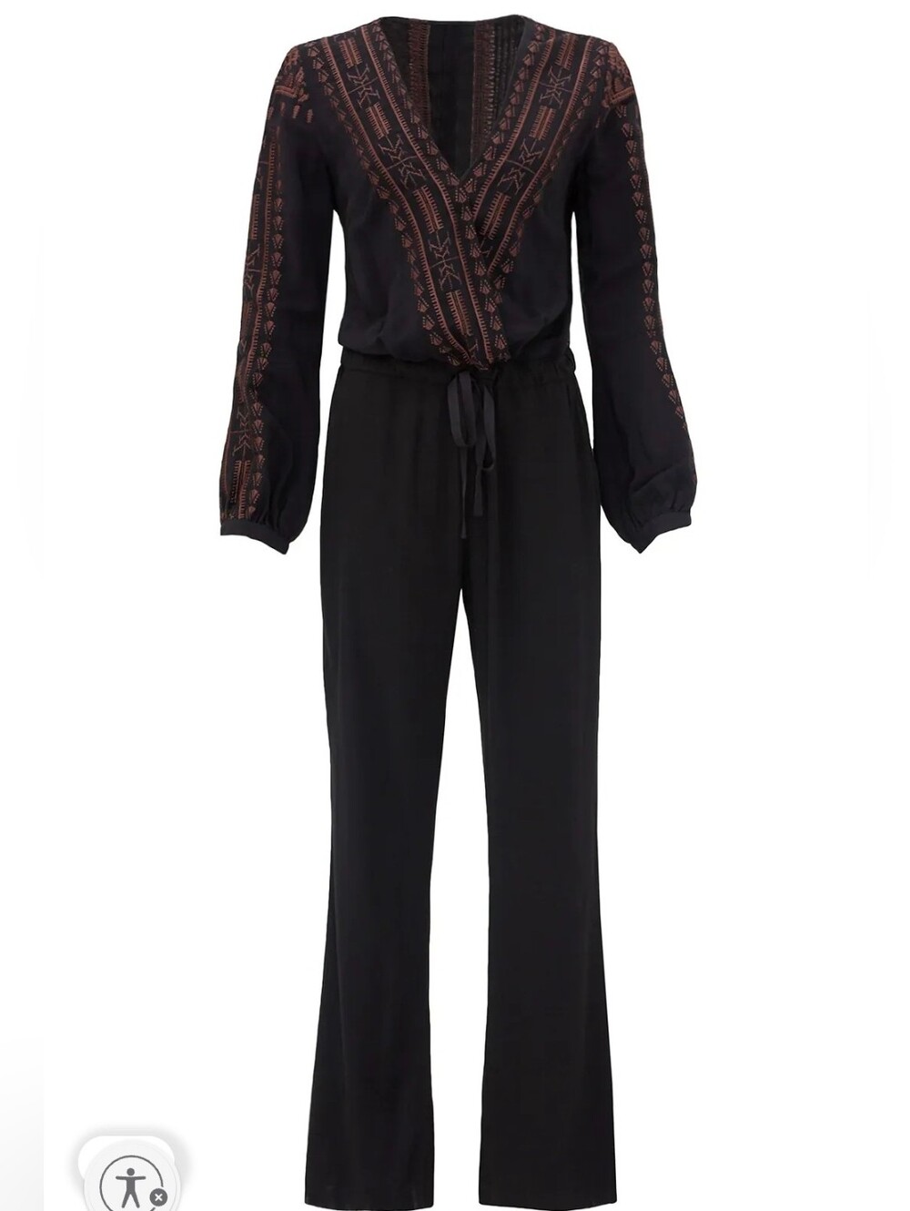 Black wrap jumpsuit with a embroidered bodice long sleeves